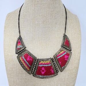 Textile Bib Necklace Red Statement Antiqued Gold Tone Boho Ethnic Festival 17"